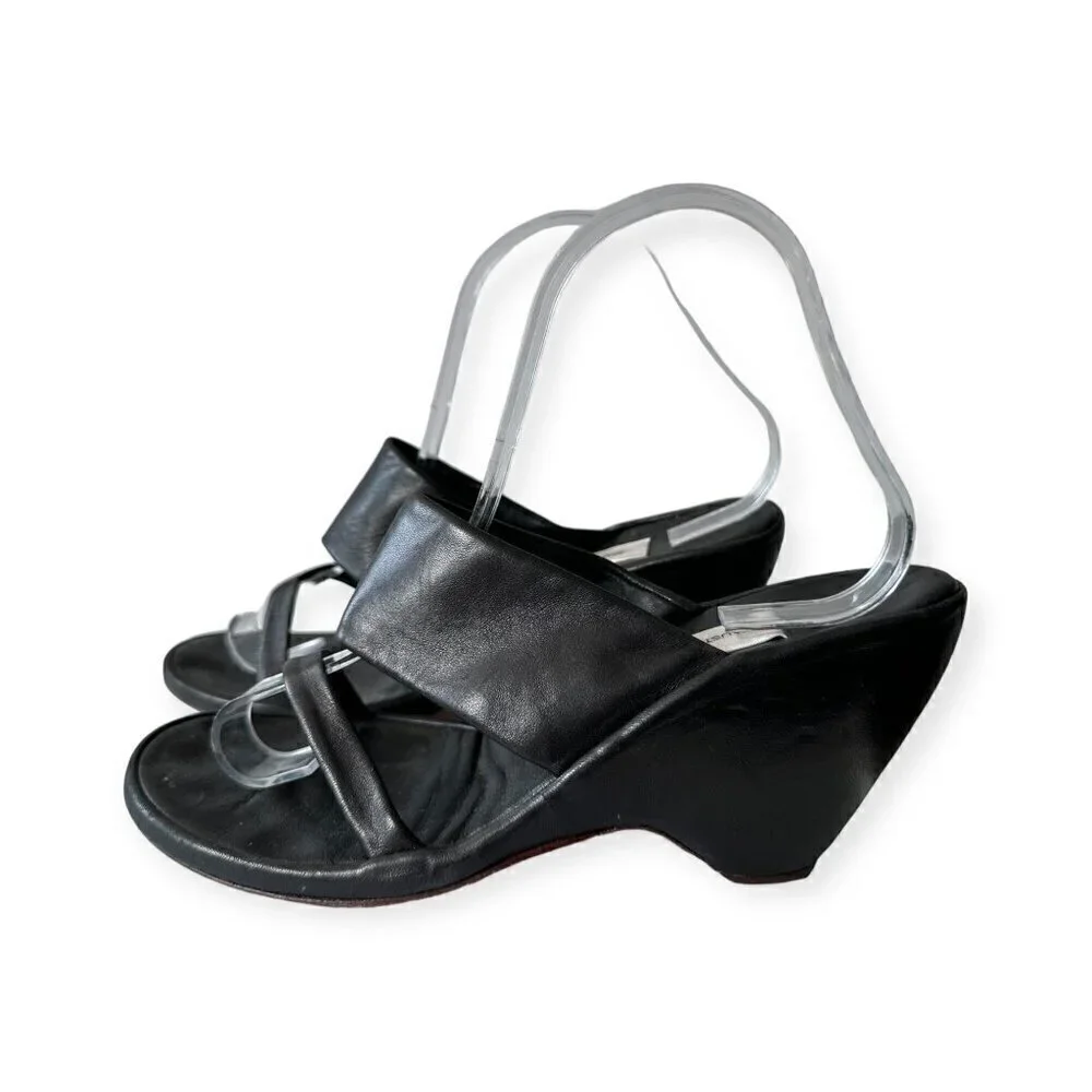 Vintage Y2K Faust Santini Black Wedge‎ Slide Sandals, Size 40EU
